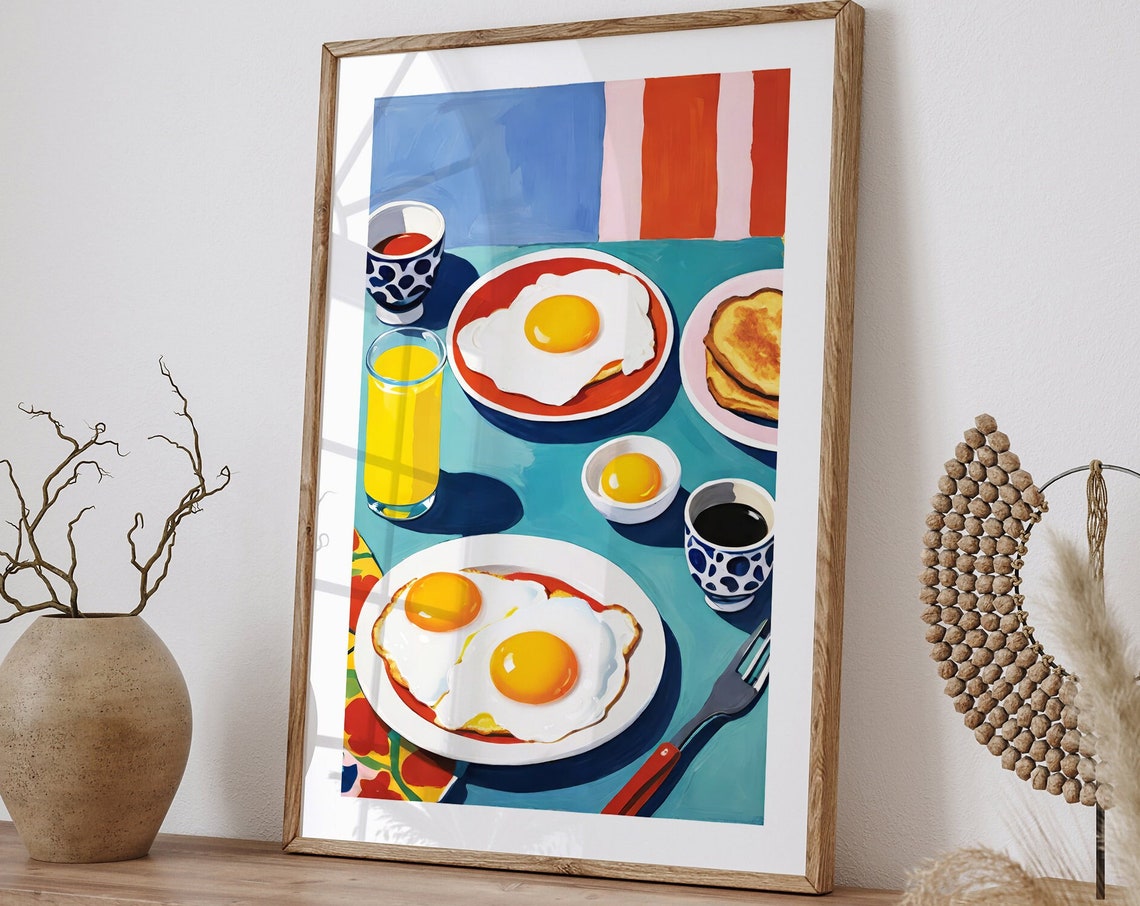 Colorful Breakfast Table Pop Art Poster with Fried Eggs and Pancakes