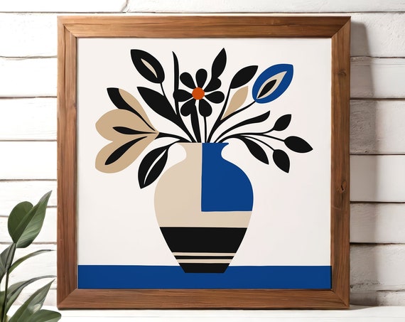 Minimalist Botanical Square Art Print Blue Modern Floral Square Wall Art Abstract Cubist Poster Print Geometric Decor 14x14 16x16 18x18