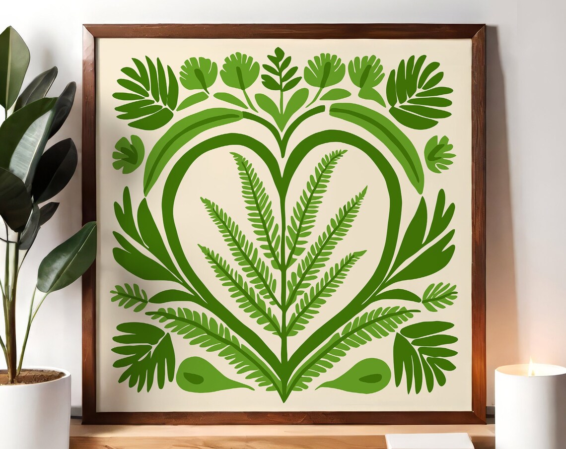 Green Leafy Botanical Heart Fern Square Nature Wall Decor Poster
