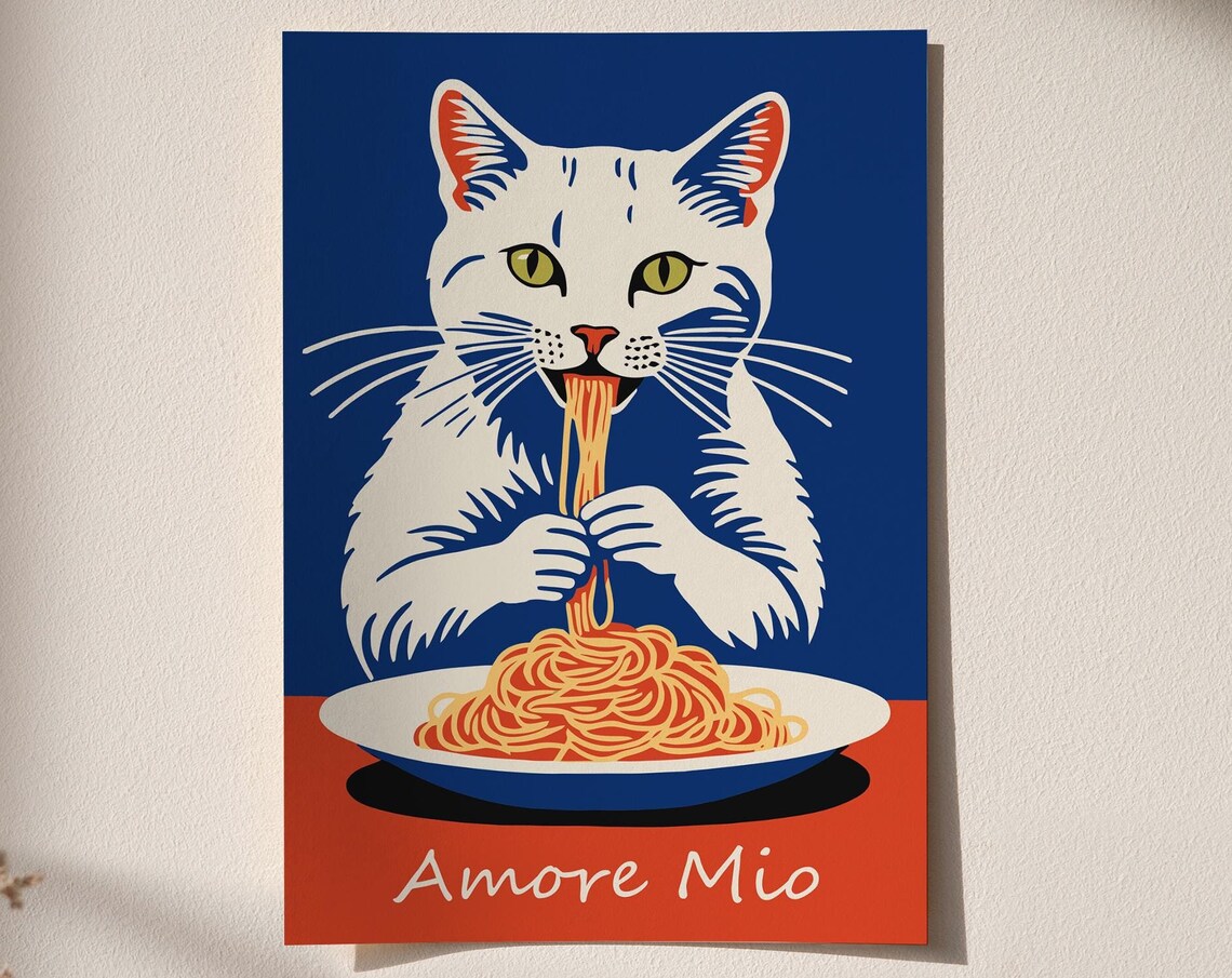 Cute Amore Mio Cat Eating Spaghetti Funny Italian Pop Art Poster