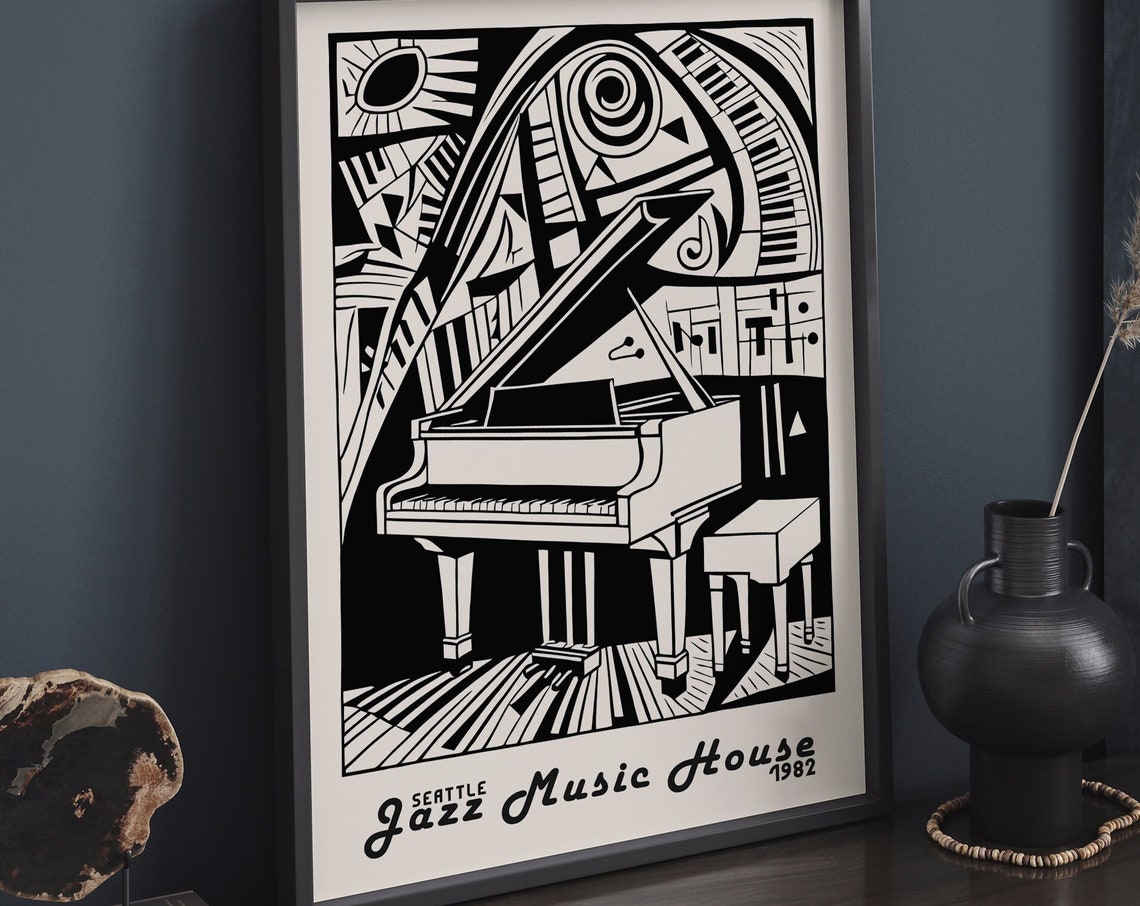 Retro White Seattle 1982 Jazz Music House Black Piano Poster - Image 6