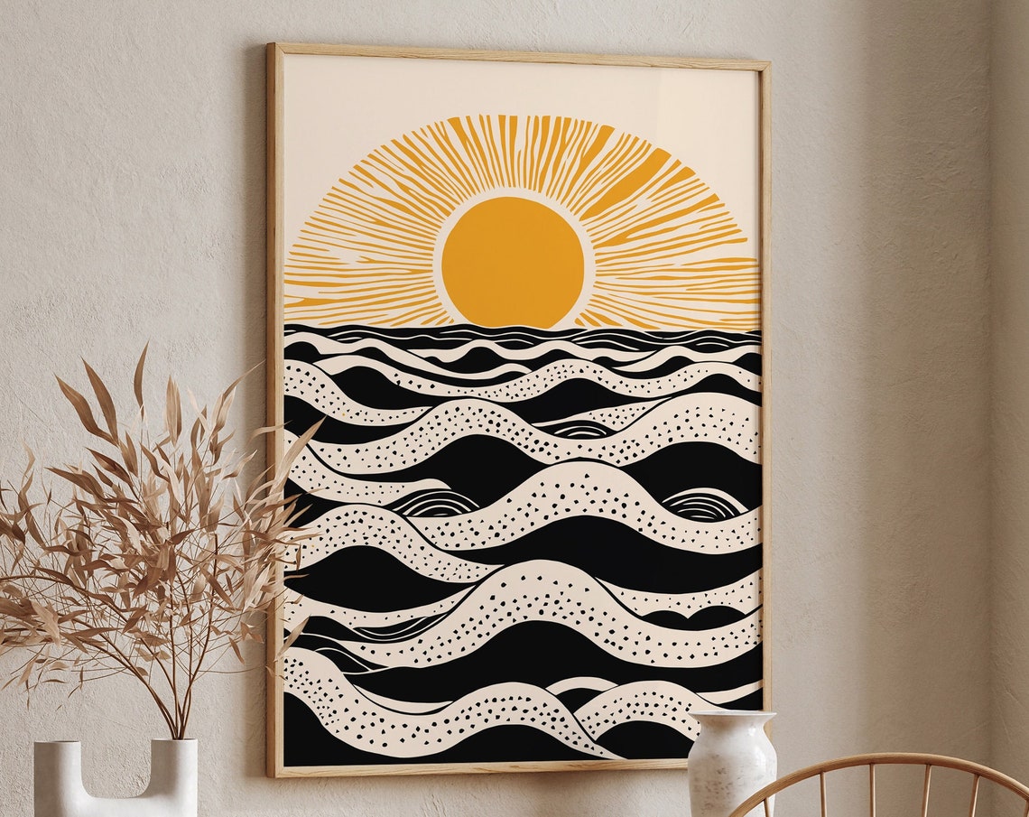 Abstract Sun Over Ocean Waves Boho Coastal Linocut Style Poster