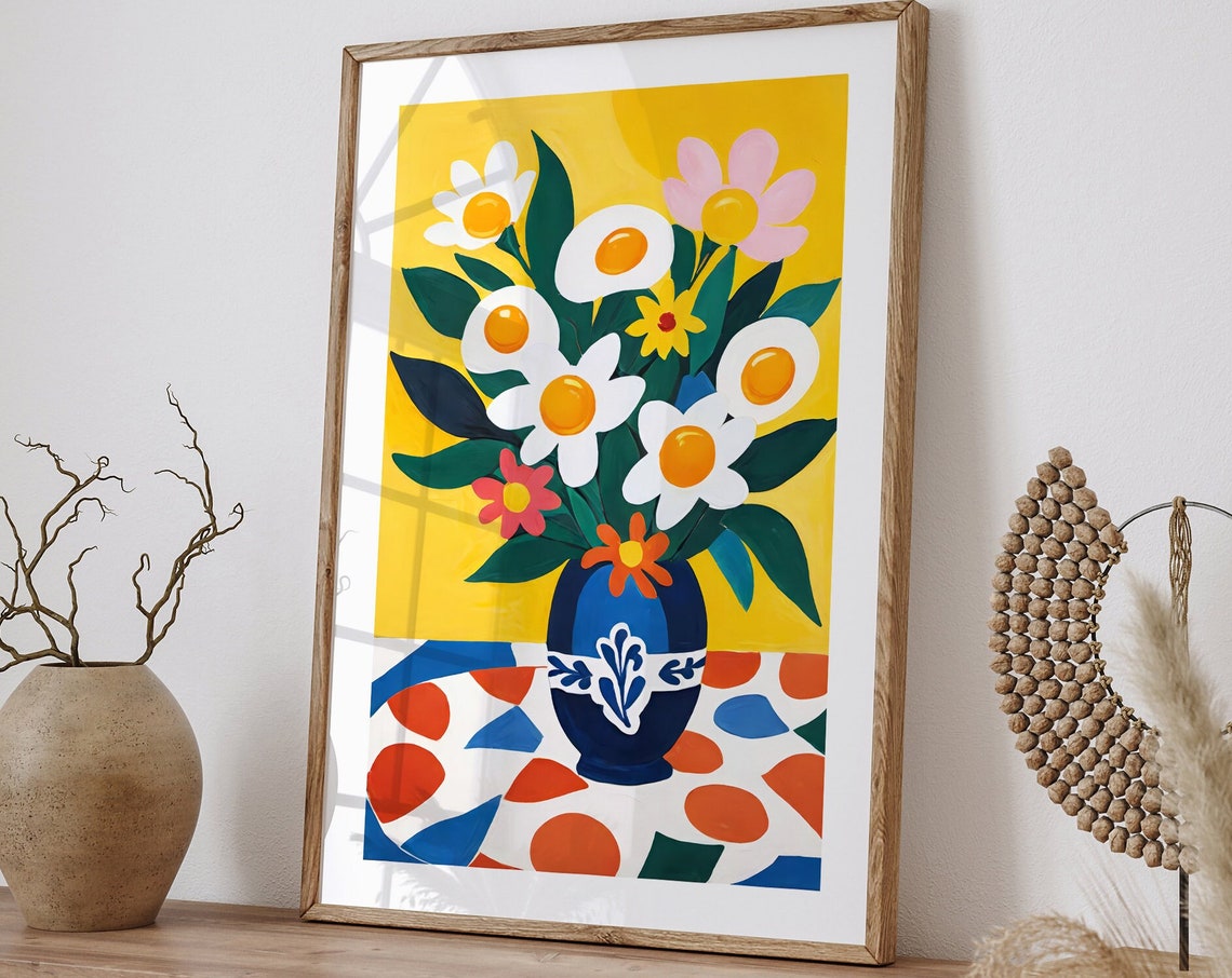 Fried Egg Flower Bouquet Bold Yellow Background Floral Poster