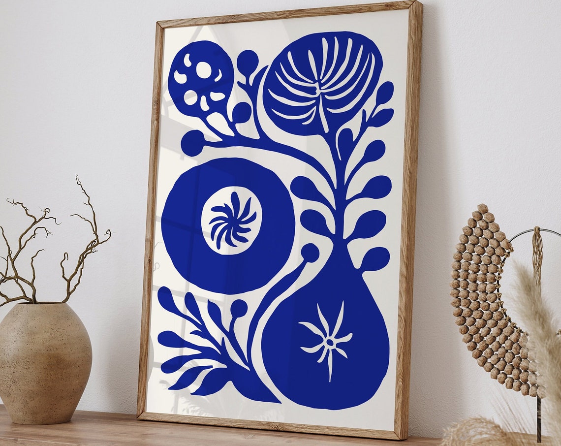 Blue Abstract Bloom Botanical Folk Art White Negative Space Print