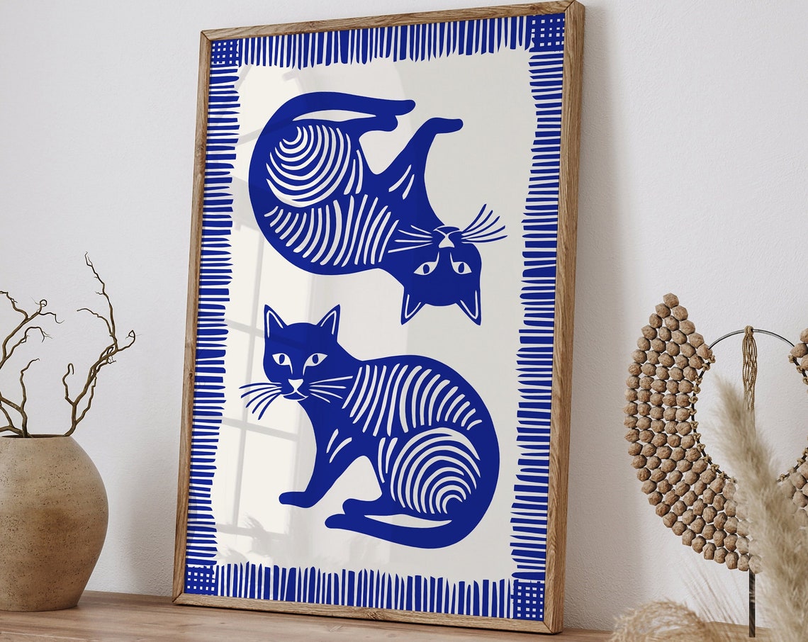Blue Striped Linocut Cats Playful Modern Feline Wall Decor Poster