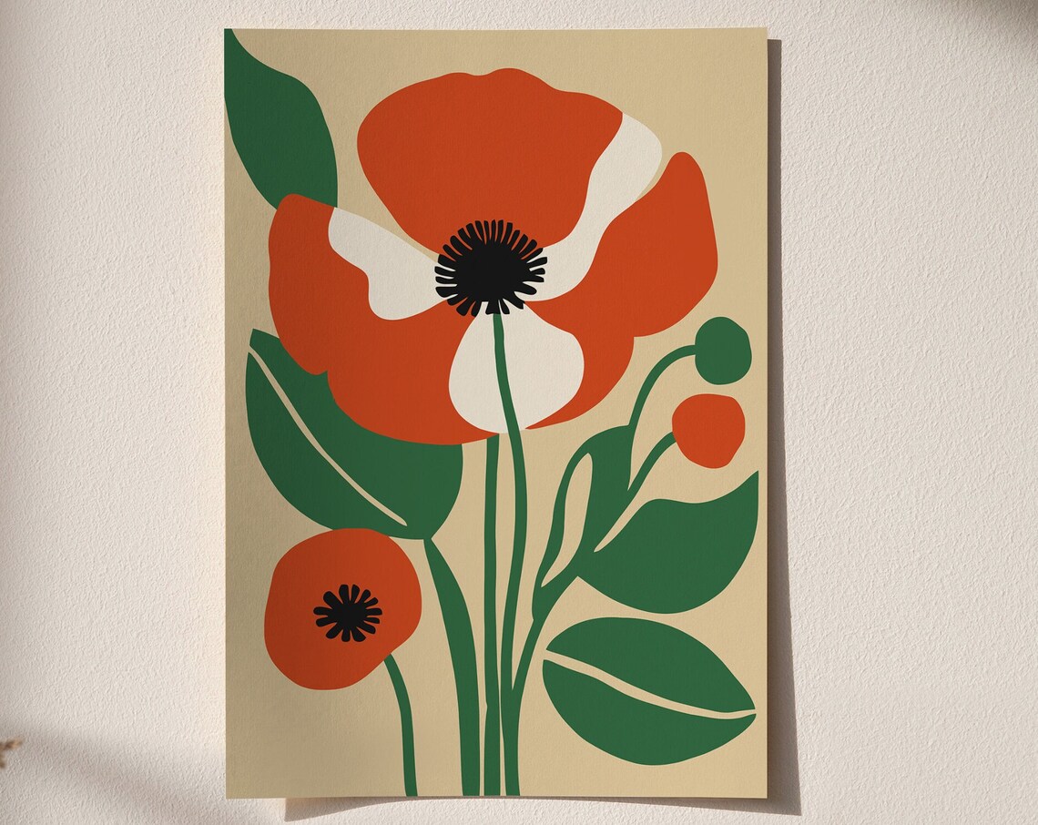 Vintage Red Poppy Flower Mid Century Modern Floral Art Poster
