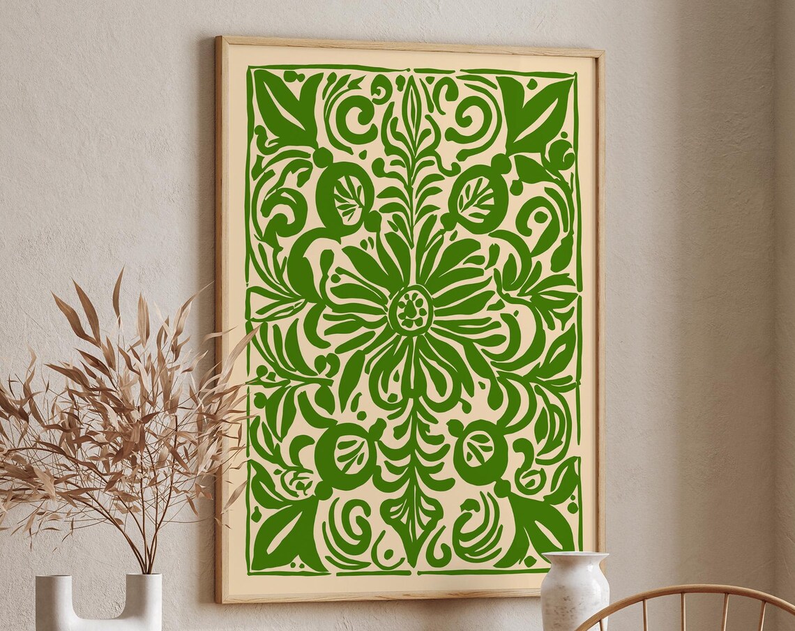 Green Symmetrical Folk Floral Ornamental Pattern Wall Poster