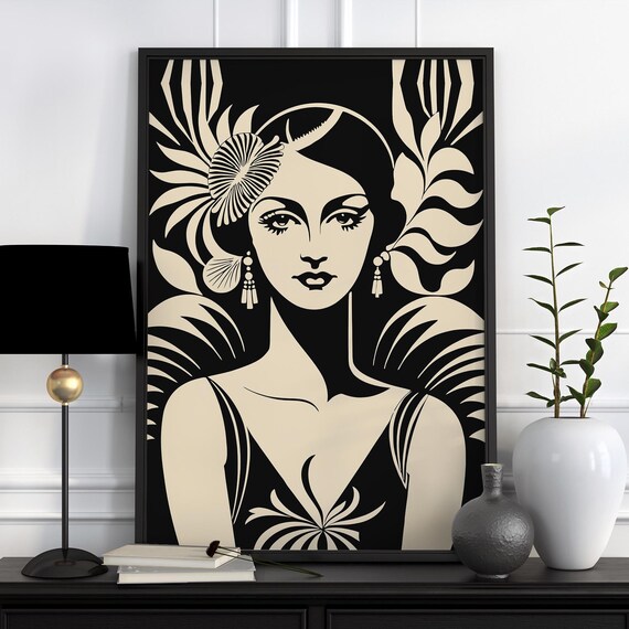 Art Deco Woman Poster Elegant Roaring Twenties Wall Art Print Glamorous 1920s Poster Luxury Home Decor Black And Beige Wall Art