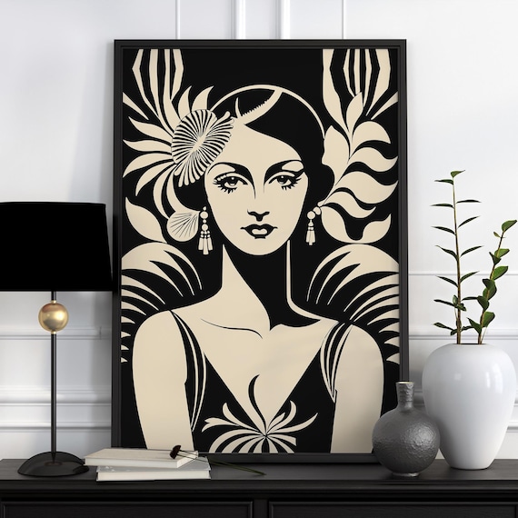 Glamorous Art Deco Flapper Woman Portrait Black Beige Poster