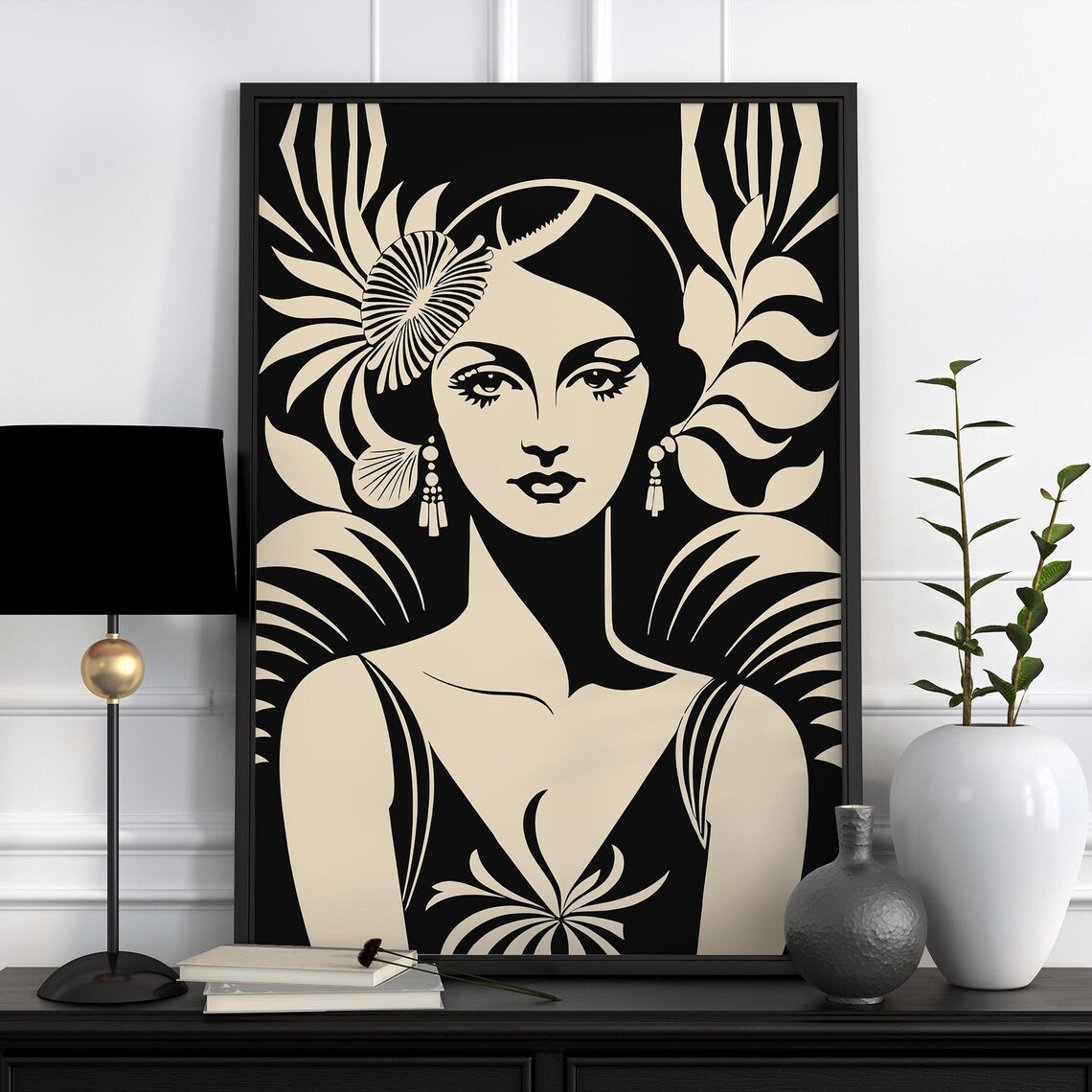 Glamorous Art Deco Flapper Woman Portrait Black Beige Poster