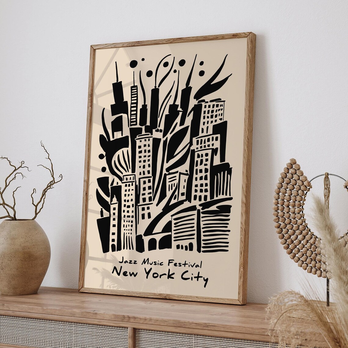 New York City Jazz Music Festival Bold Skyline Black Art Poster