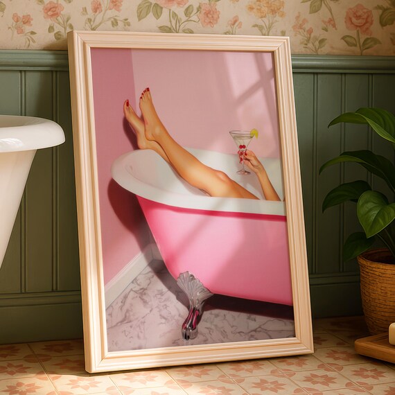 Pink Bathtub Martini Girls Night Bathroom Trendy Aesthetic Poster