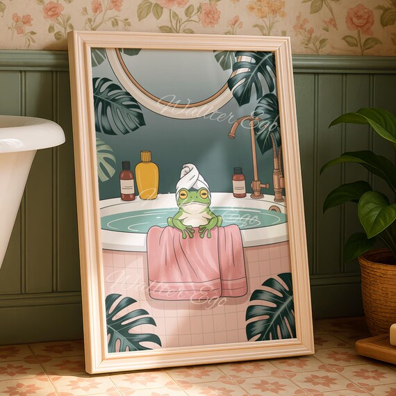 Adorable Frog Taking A Bubble Bath Funny Animal Bathroom Poster