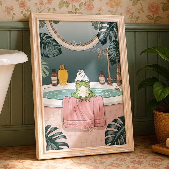Frog Taking A Bath Bathroom Wall Print Funny Home Decor Trendy New Gifts