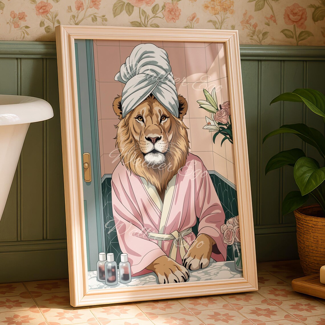 Lion in Pink Bathrobe With Towel Turban Funny Spa Bathroom Poster