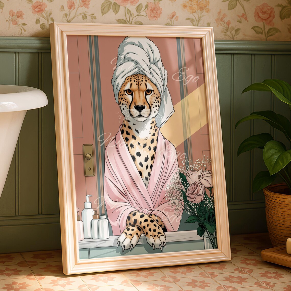 Cheetah in Pink Bathrobe With Towel Turban Funny Spa Bathroom Poster