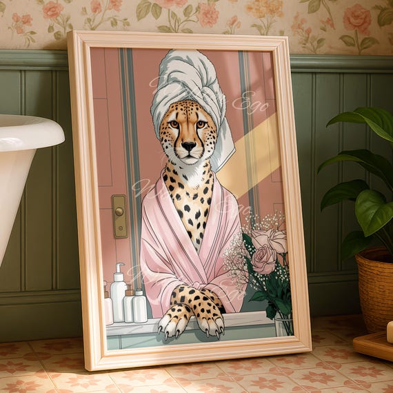 Cheetah In A Robe Cute Bathroom Wall Print Funny Home Decor Trendy New Gifts Spa Esthetician