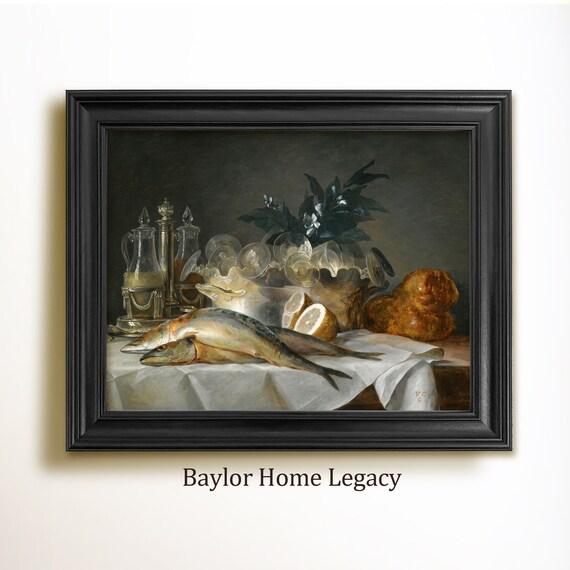 Framed Still Life Of Fish Oil Painting Print Vintage Classic Fish Landscape Kitchen Art Fish Still Life Painting