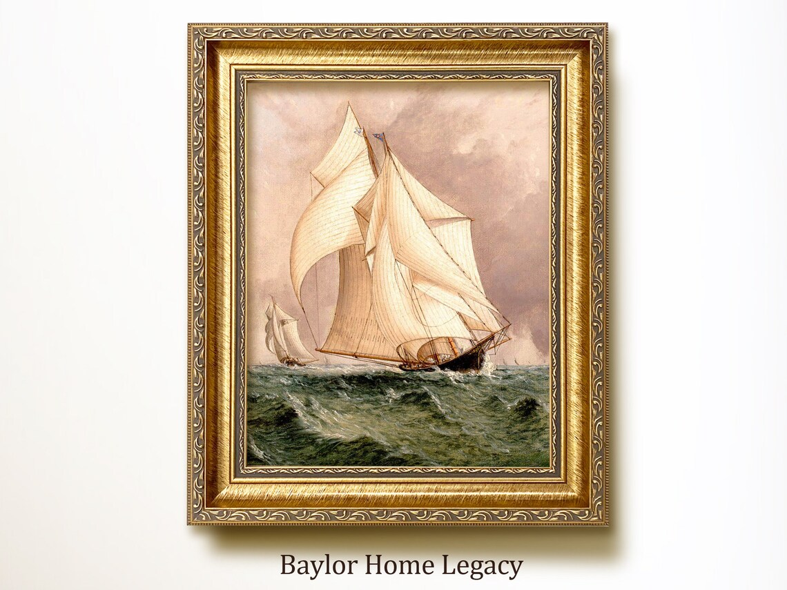 Sailboat Oil Painting, Antique Nautical Art Print
