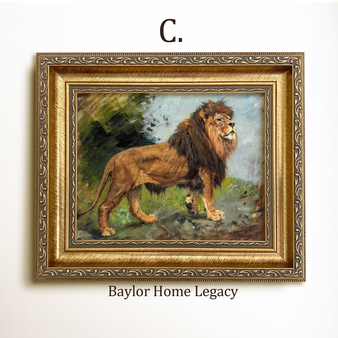 Majestic Lion Standing in Wild Landscape Vintage Wildlife Oil Painting Poster - Image 3