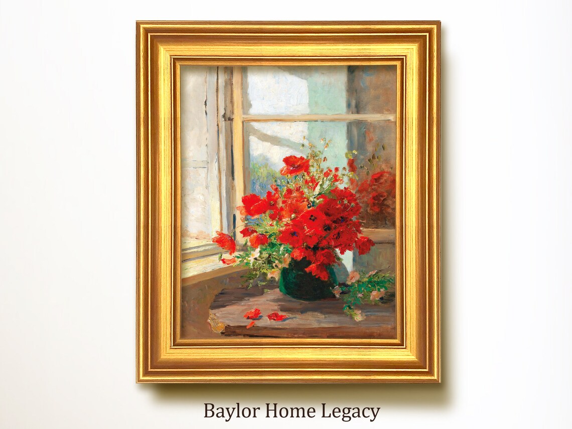 Poppies In A Vase By Open Window, Oil Painting Print