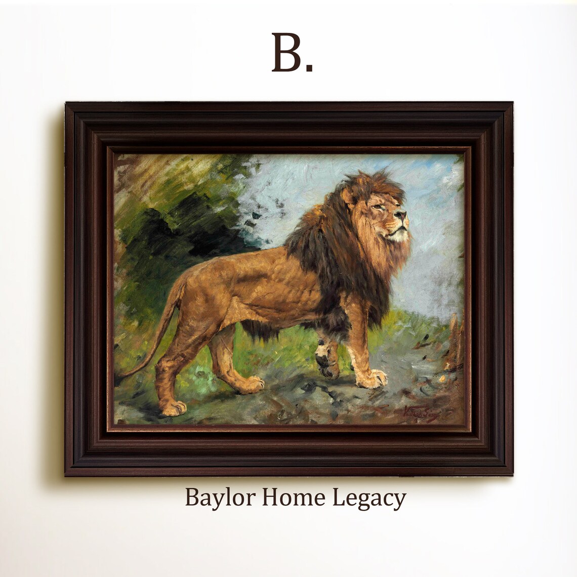 Majestic Lion Standing in Wild Landscape Vintage Wildlife Oil Painting Poster - Image 4