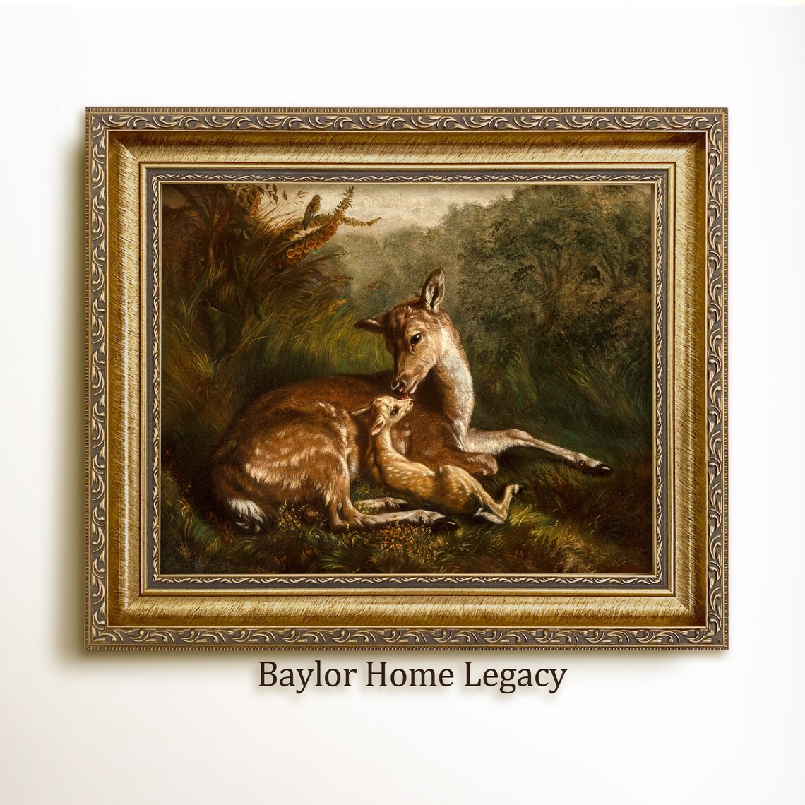 Doe And Fawn Vintage Deer Oil Painting Print
