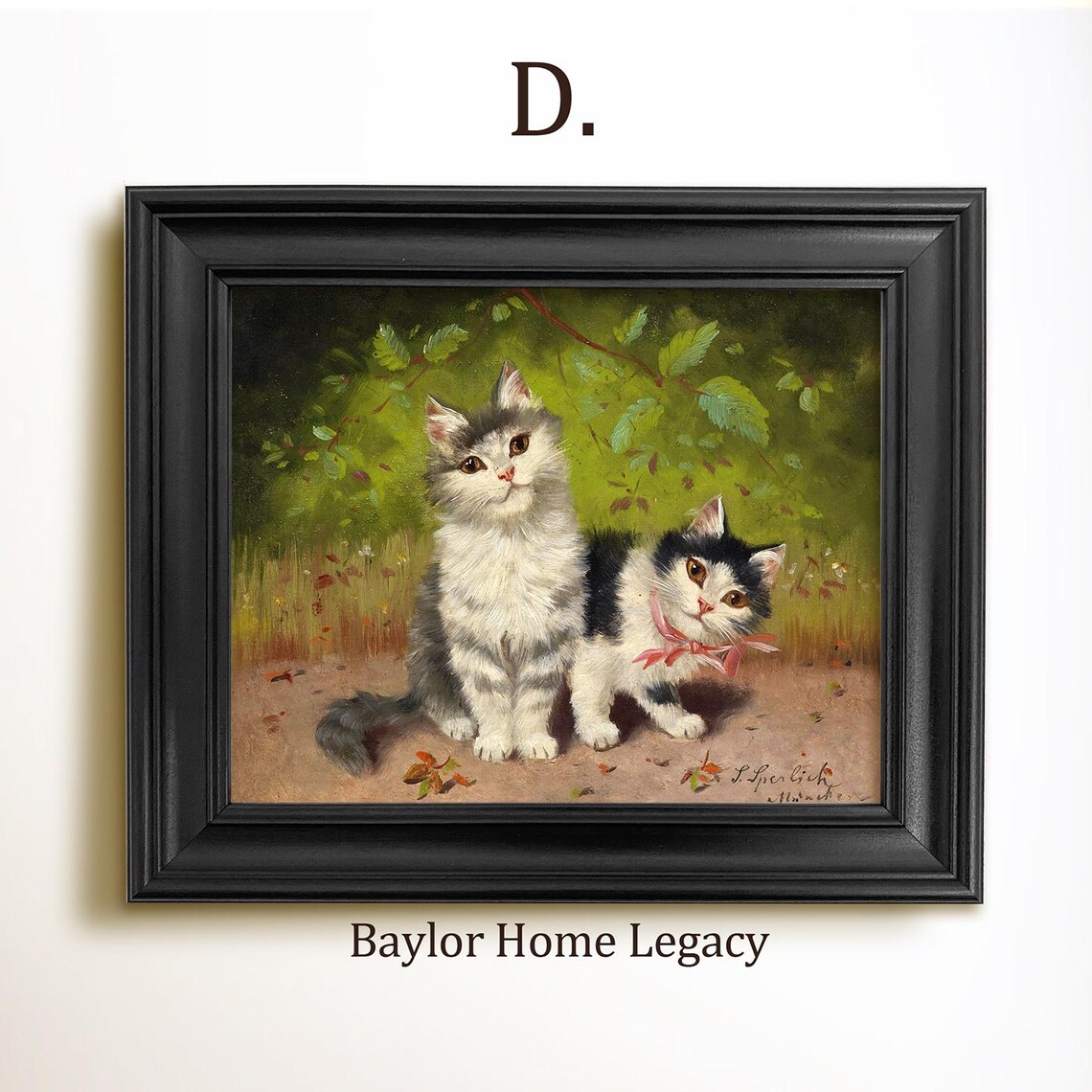 Two Kittens One With Pink Ribbon Vintage Cat Painting Cute Wall Art - Image 2