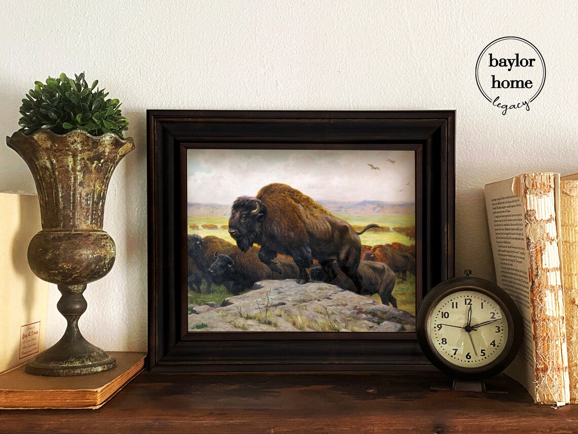 Buffalo Herd Vintage Oil Painting Poster Print - Image 4