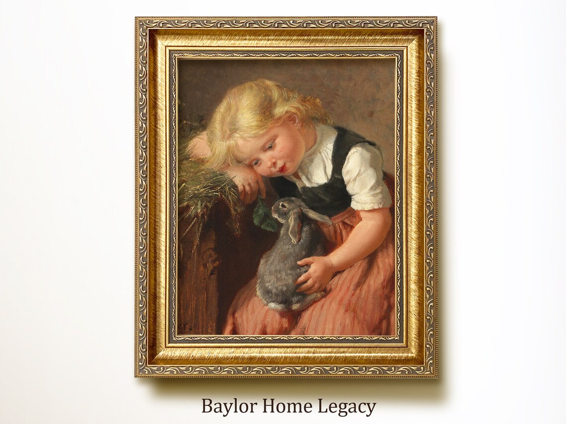 Vintage Little Girl Holding Bunny Rabbit Antique Nursery Art Poster