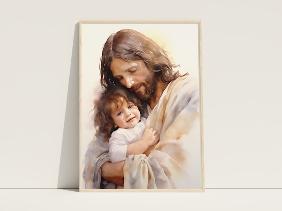Jesus Embracing Child Loving Arms Soft Watercolor Art Poster