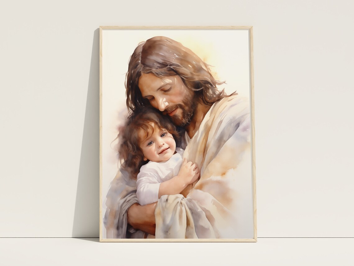 Jesus Embracing Child Loving Arms Soft Watercolor Art Poster