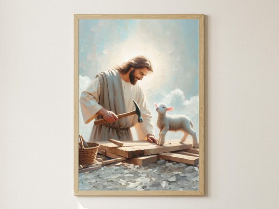 Jesus the Carpenter at Work Building Wood with Lamb Oil Art Poster