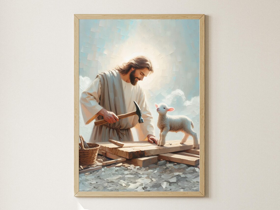 Jesus the Carpenter at Work Building Wood with Lamb Oil Art Poster