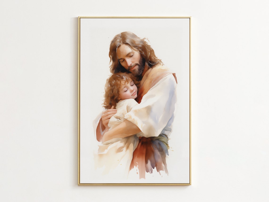 Jesus Hugging Little Girl Gentle Embrace Watercolor Art Poster