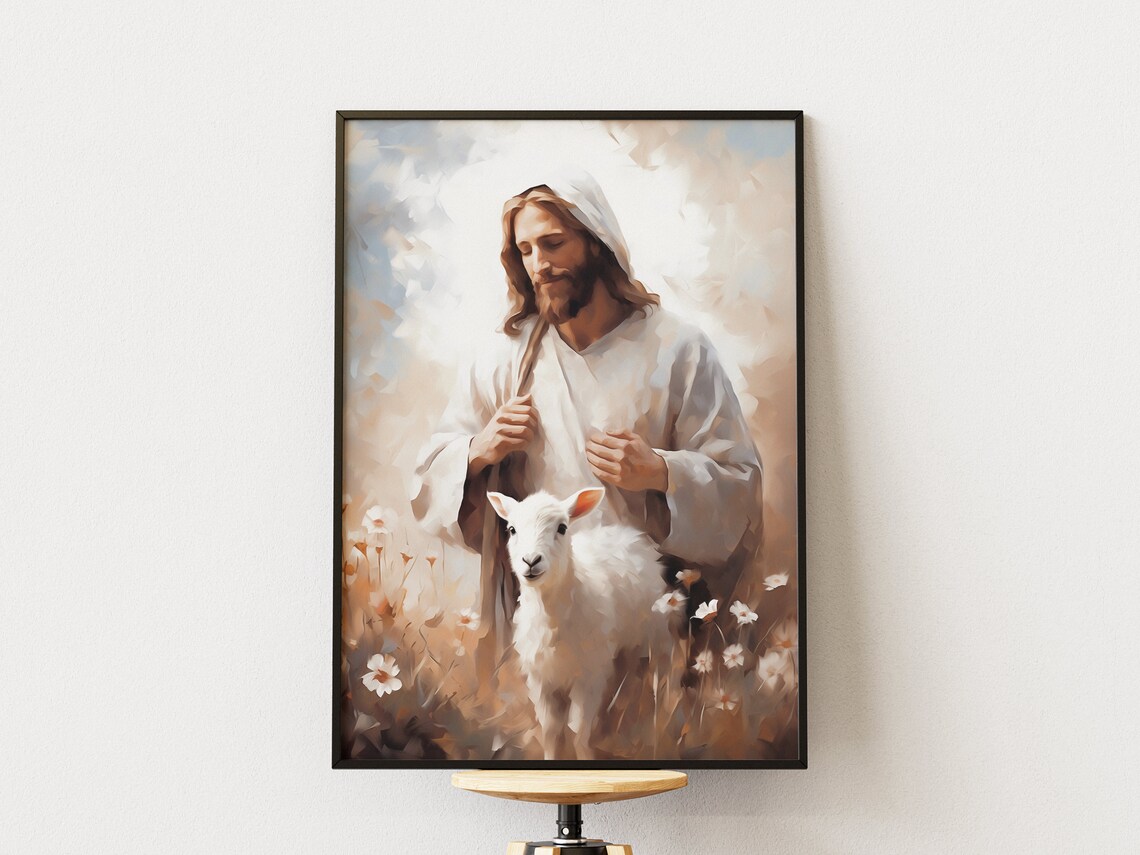 Jesus Christ and Lamb Wildflower Meadow Painterly Christian Art Poster - Image 2