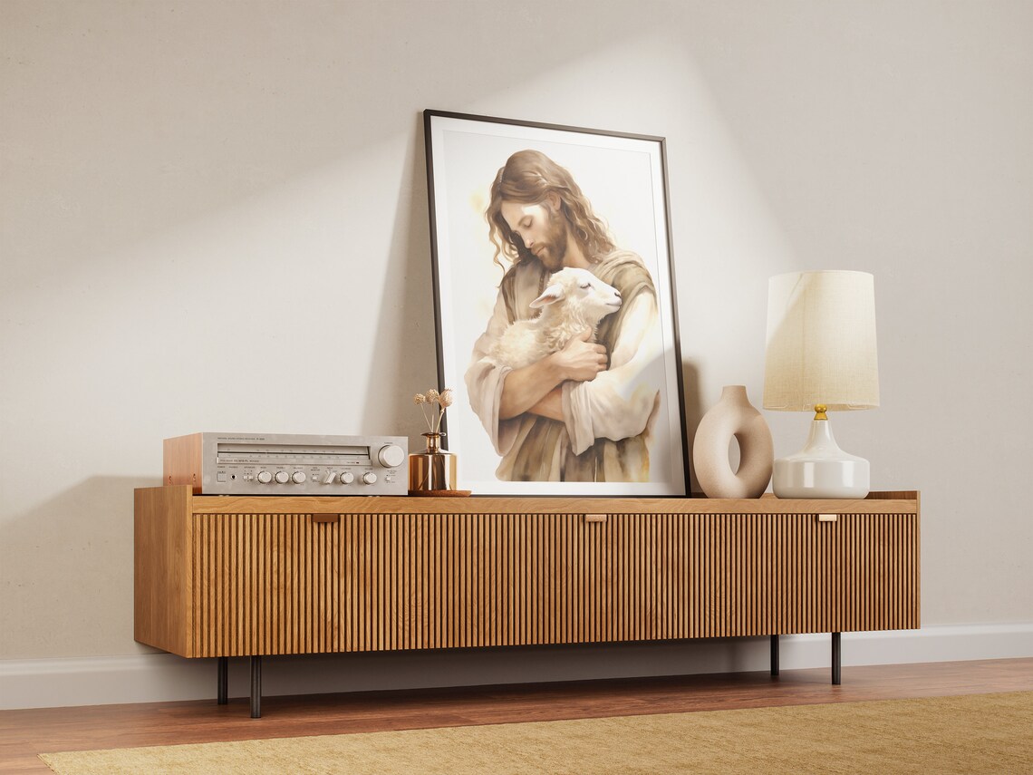 Jesus Holding Lamb Good Shepherd Soft Watercolor Portrait Art Poster - Image 3