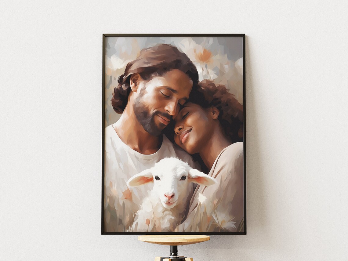 Jesus Christ Embracing Woman Lamb Painting Tender Faith Art Poster - Image 2