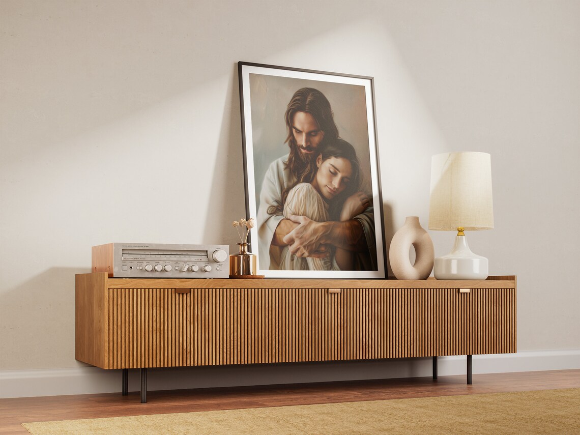 Jesus Christ Embracing Woman Resting Heart Painting Faith Gift Poster - Image 2