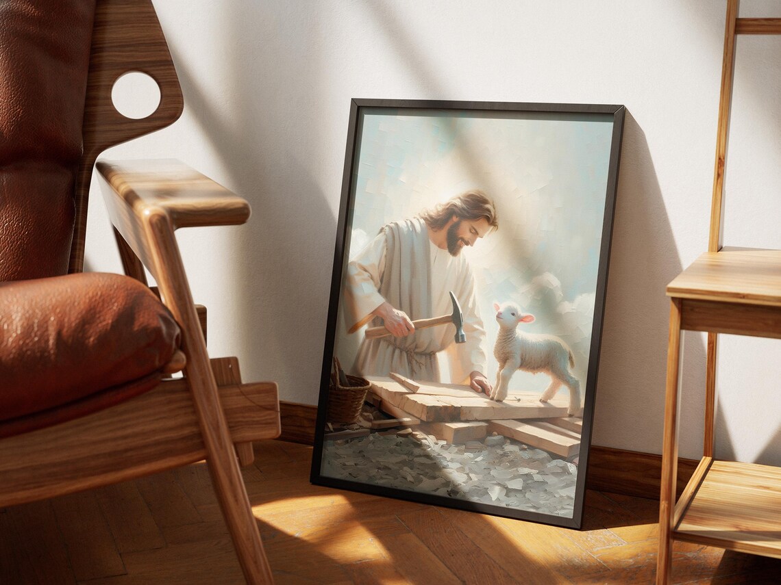 Jesus the Carpenter at Work Building Wood with Lamb Oil Art Poster - Image 2