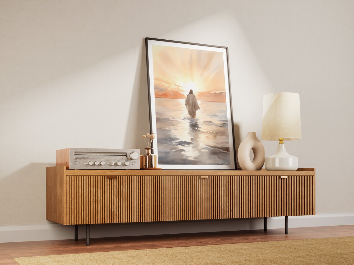 Jesus Christ Walking on Water Sunrise Watercolor Christian Faith Poster - Image 3