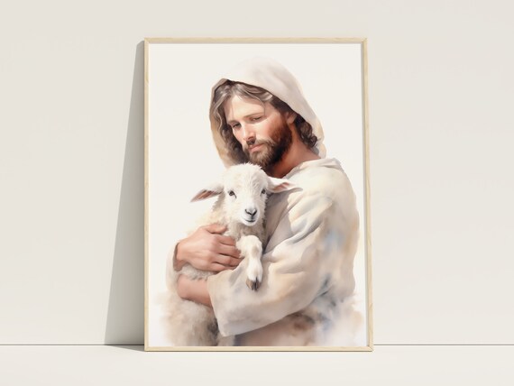 Jesus Christ Holding Lamb Watercolor Good Shepherd Christian Art Poster