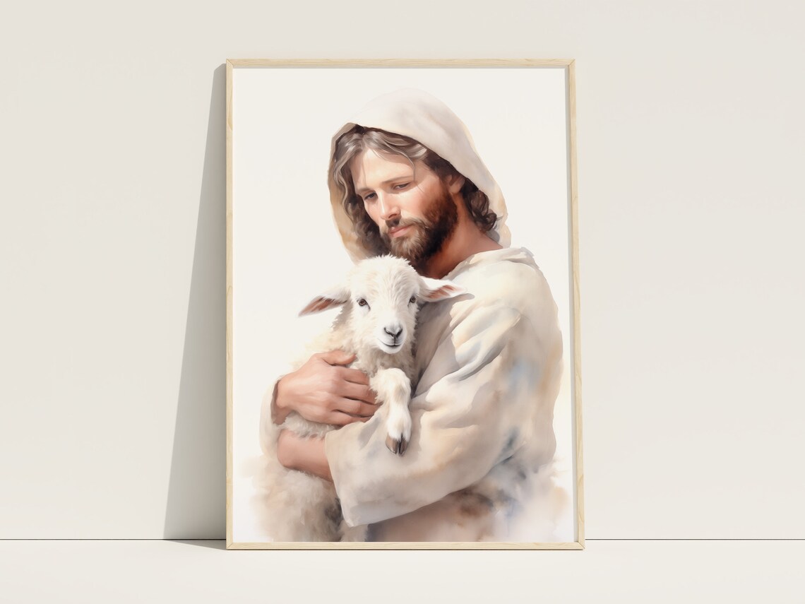 Jesus Christ Holding Lamb Watercolor Good Shepherd Christian Art Poster