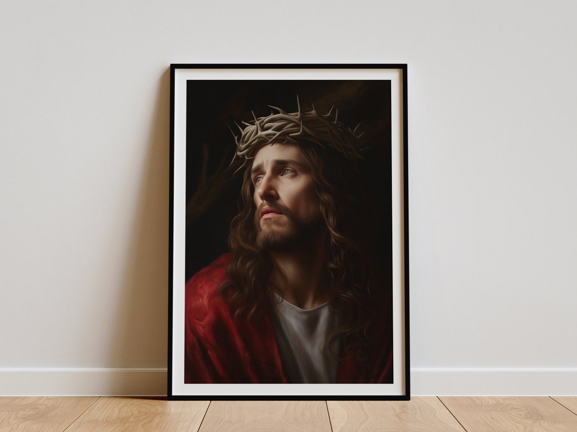 Jesus Crown of Thorns Dramatic Dark Sacred Portrait Art Poster - Image 3