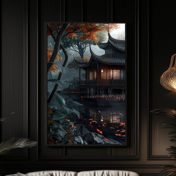 Asian Pagoda Autumn Dusk Tranquil Lakeside Temple Zen Landscape Poster
