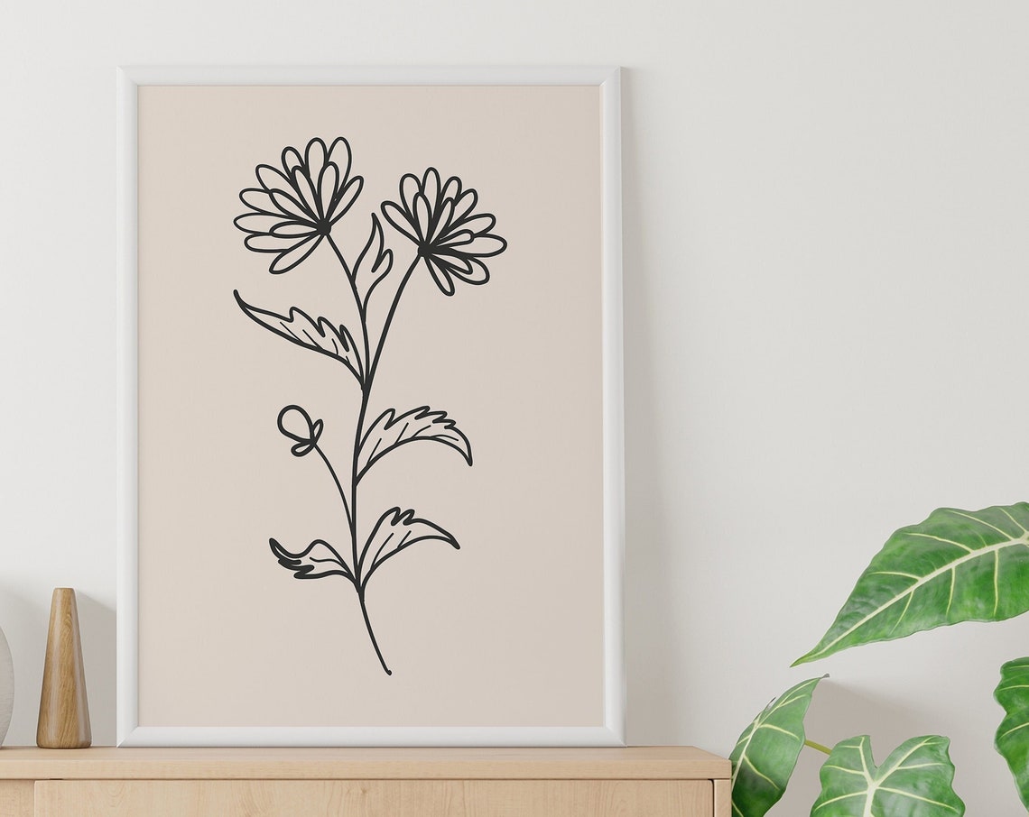 Blush Botanical Daisy Line Art Poster with Two Wildflower Blooms