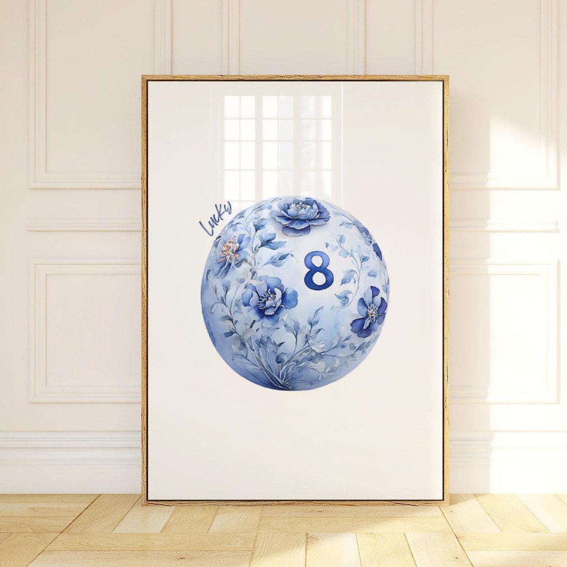 Lucky 8 Ball Blue Chinoiserie Floral Pool Ball Wall Decor Art Print