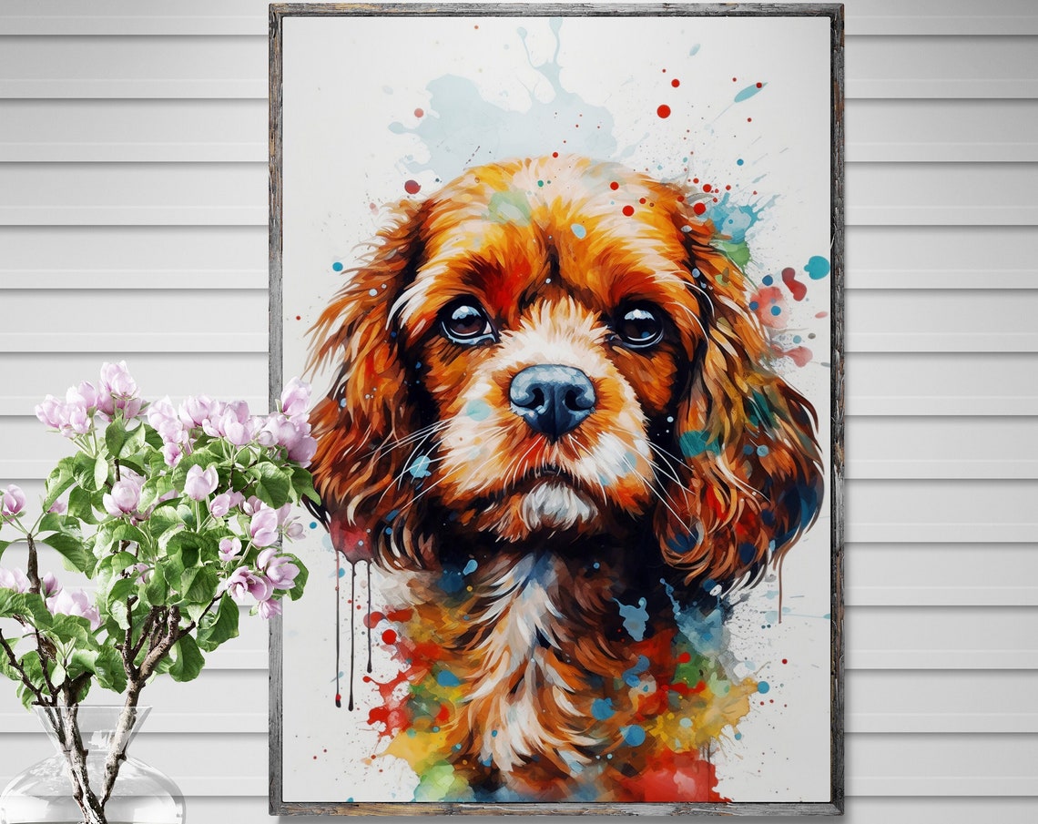 Cavapoo Puppy Watercolor Portrait Rainbow Splash Colourful Art Poster