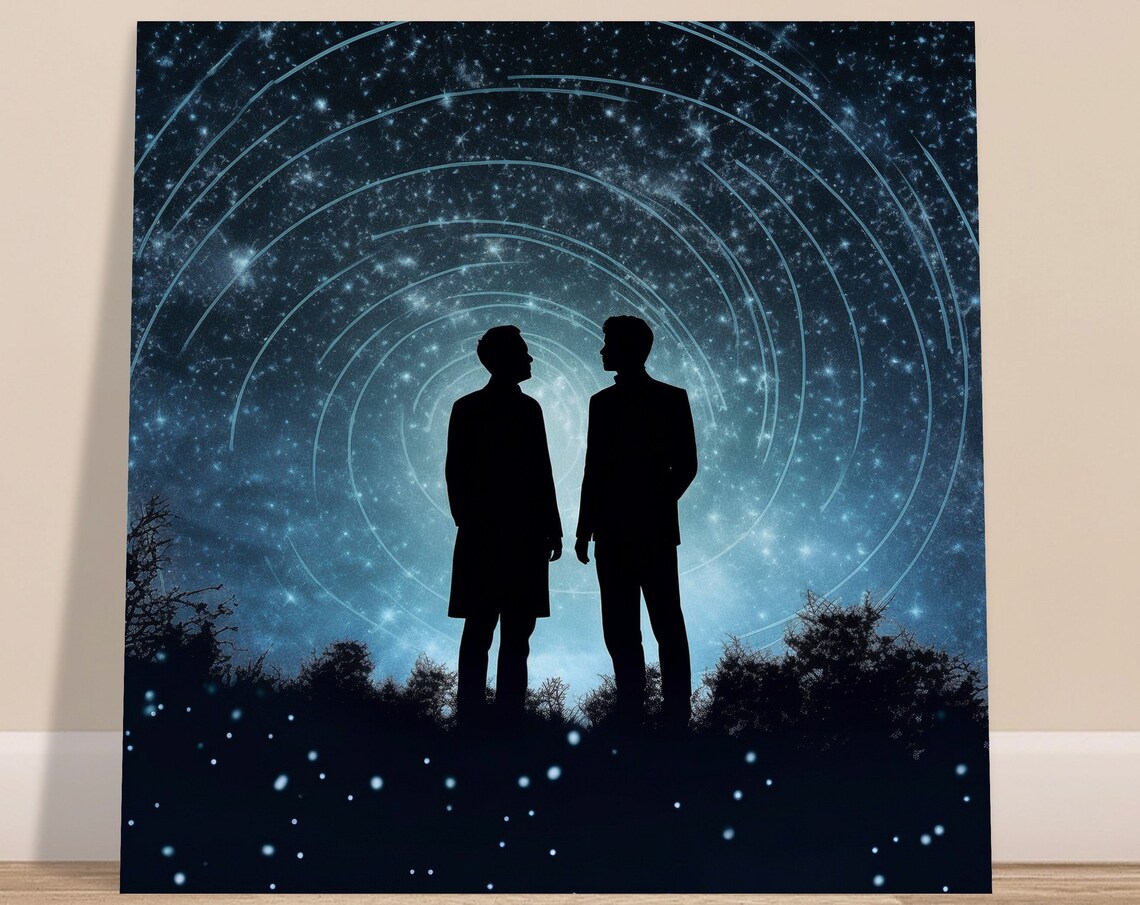 Two Men Silhouette Starry Night Rings Romantic LGBTQ Pride Love Poster