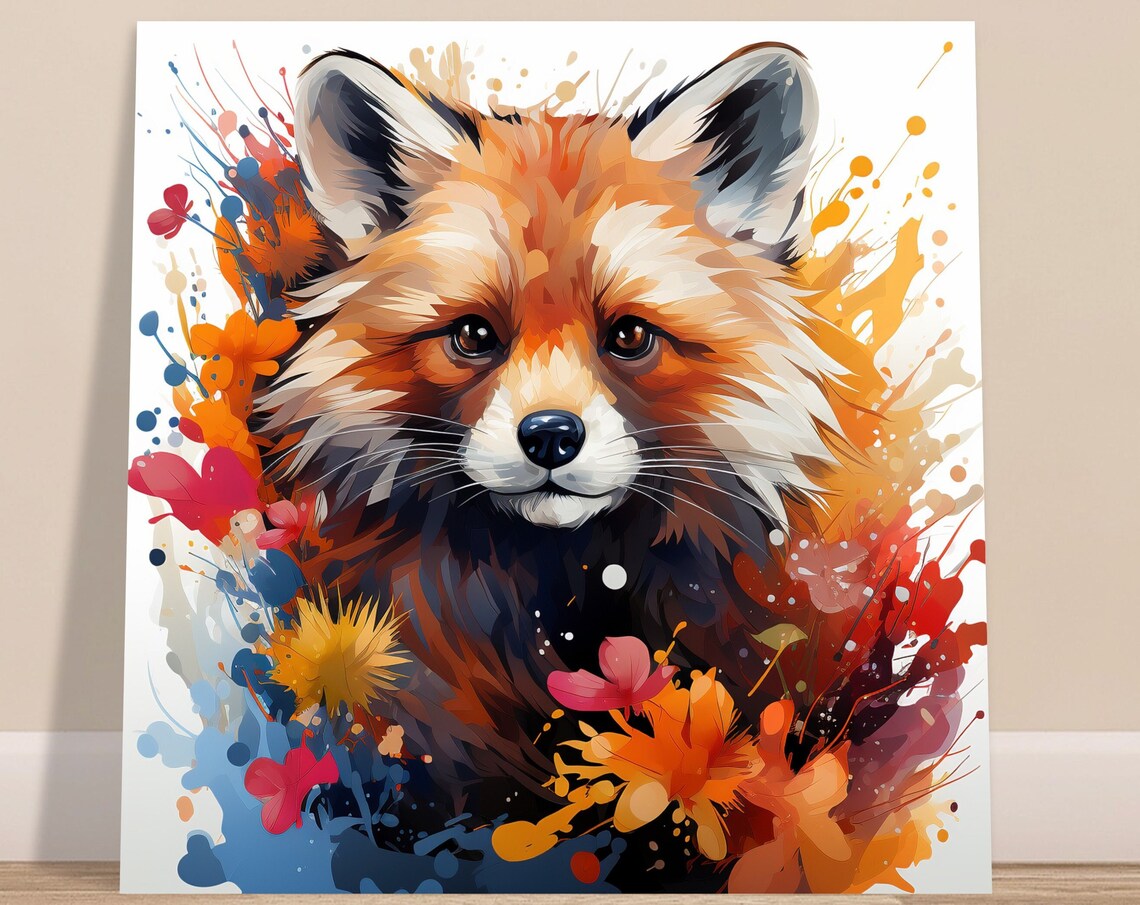 Red Fox Watercolor Portrait Splash Paint Colorful Wildlife Art Poster